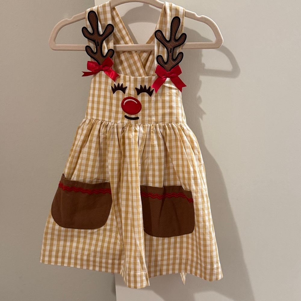 Adorable Reindeer Checkered Kids Dress